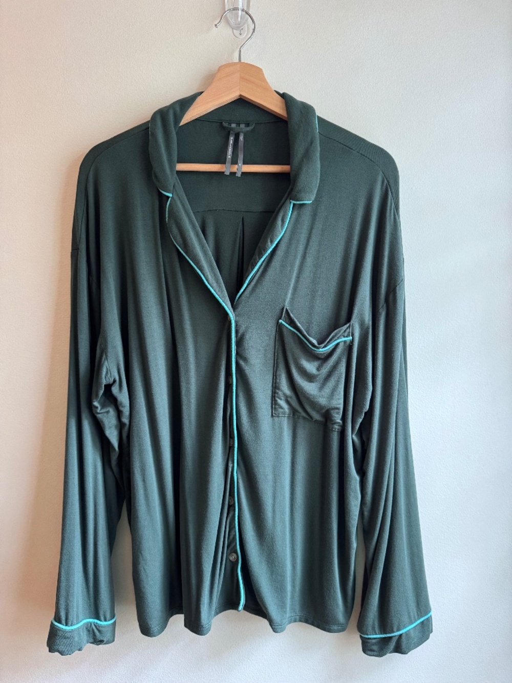 Anthropologie The Briar Piped Pajama Shirt Size Medium M Long Sleeve Green